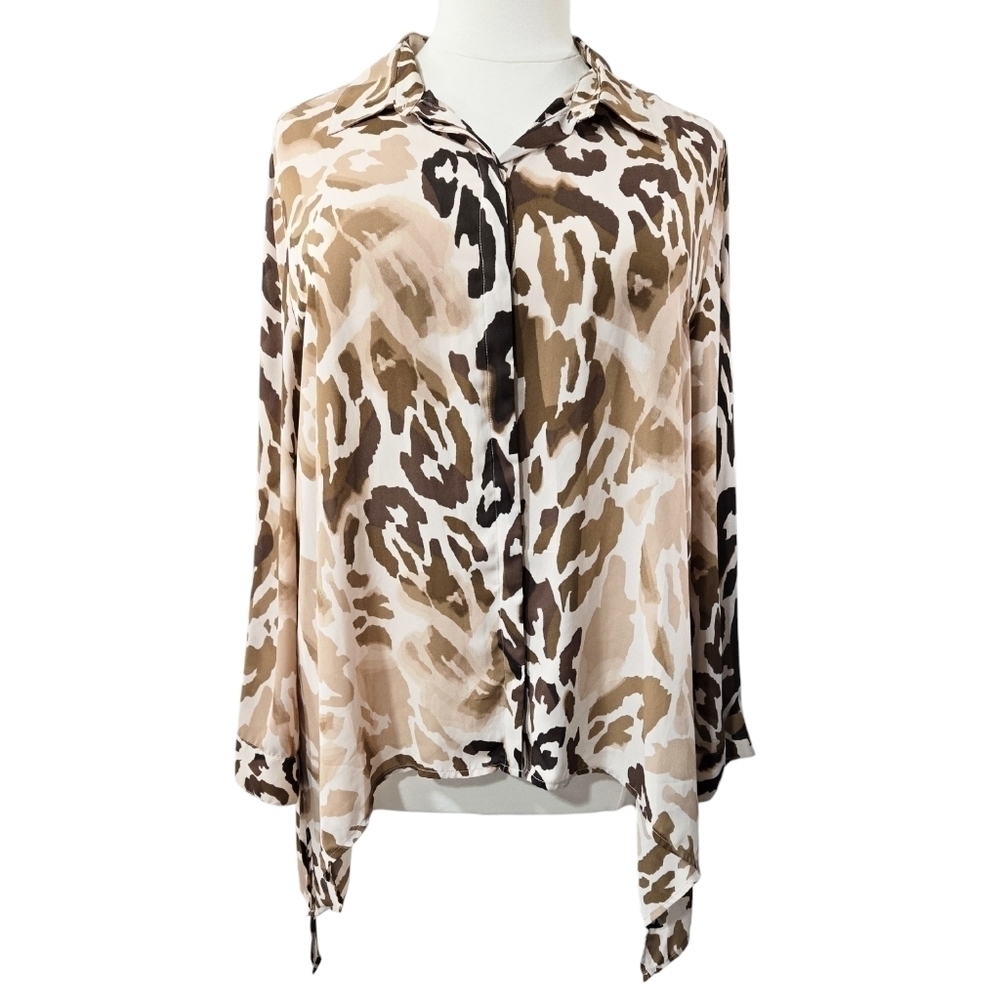 Chico's Tan Abstract Leopard Print Sheer Sharkbite Hem Button-Up Blouse
